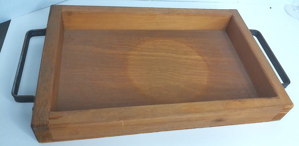 Vintage Mid Century Solid Wood Tray Metal Handles Rustic Primitive